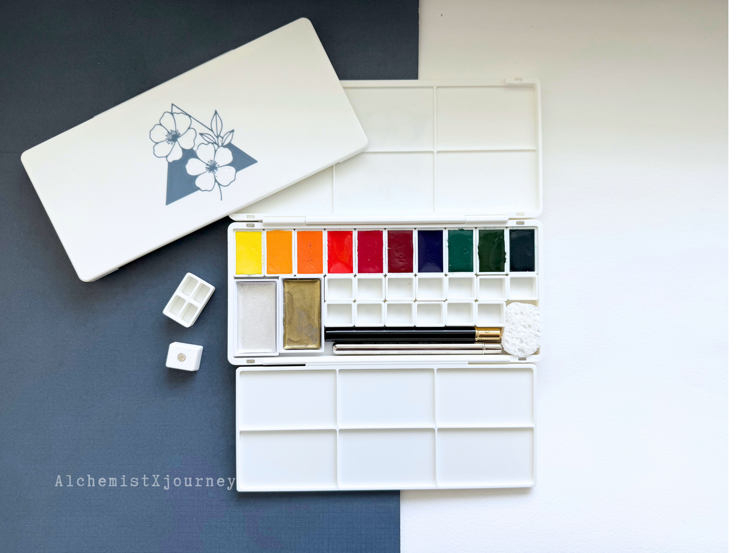 50 Half Pan Watercolor Palette AX12, Resin Mixing Tray, Magnetic Base, Compact, Portable