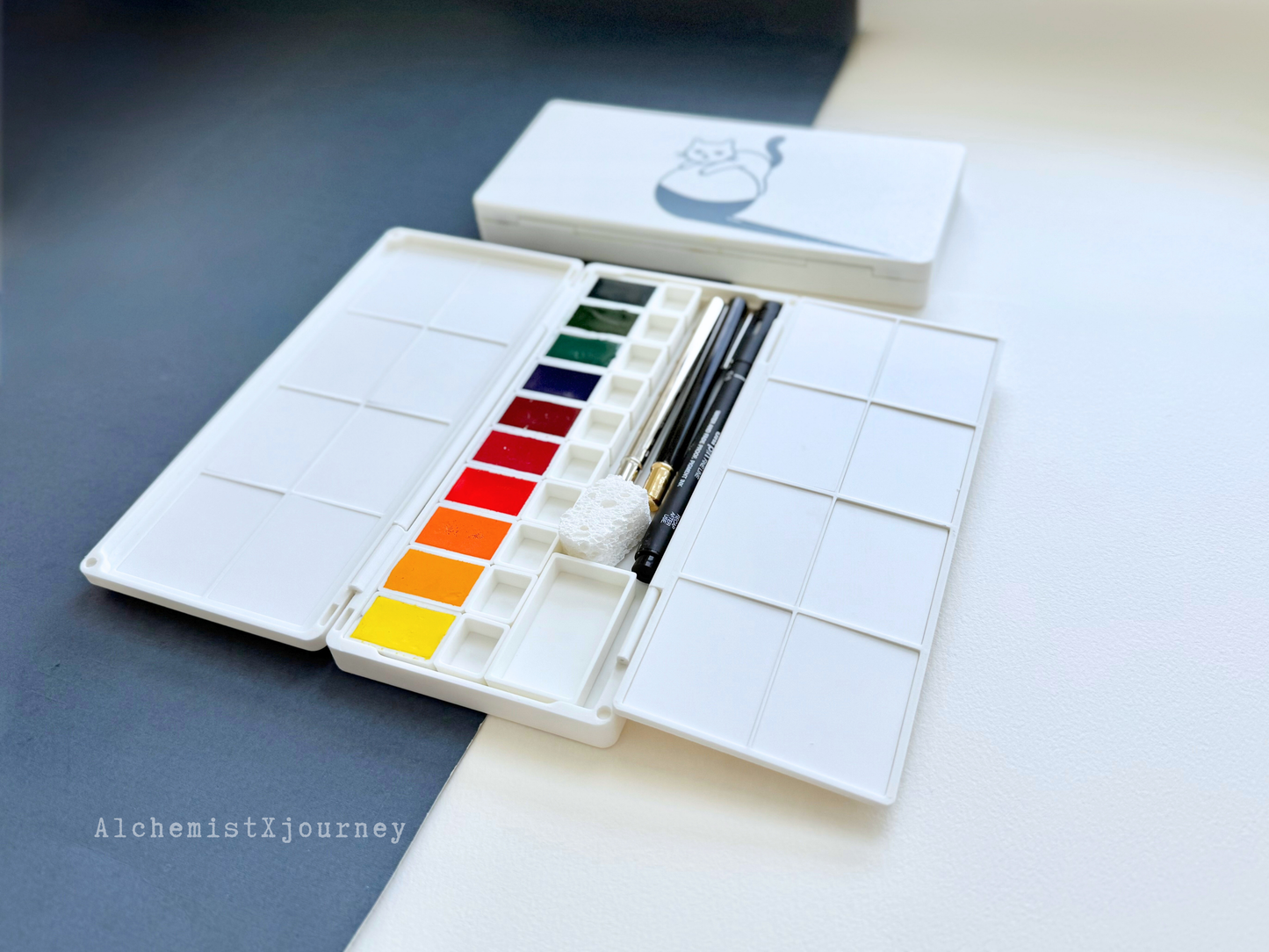 50 Half Pan Watercolor Palette AX12, Ceramic or Resin Tray, Magnetic Base, Compact, Portable
