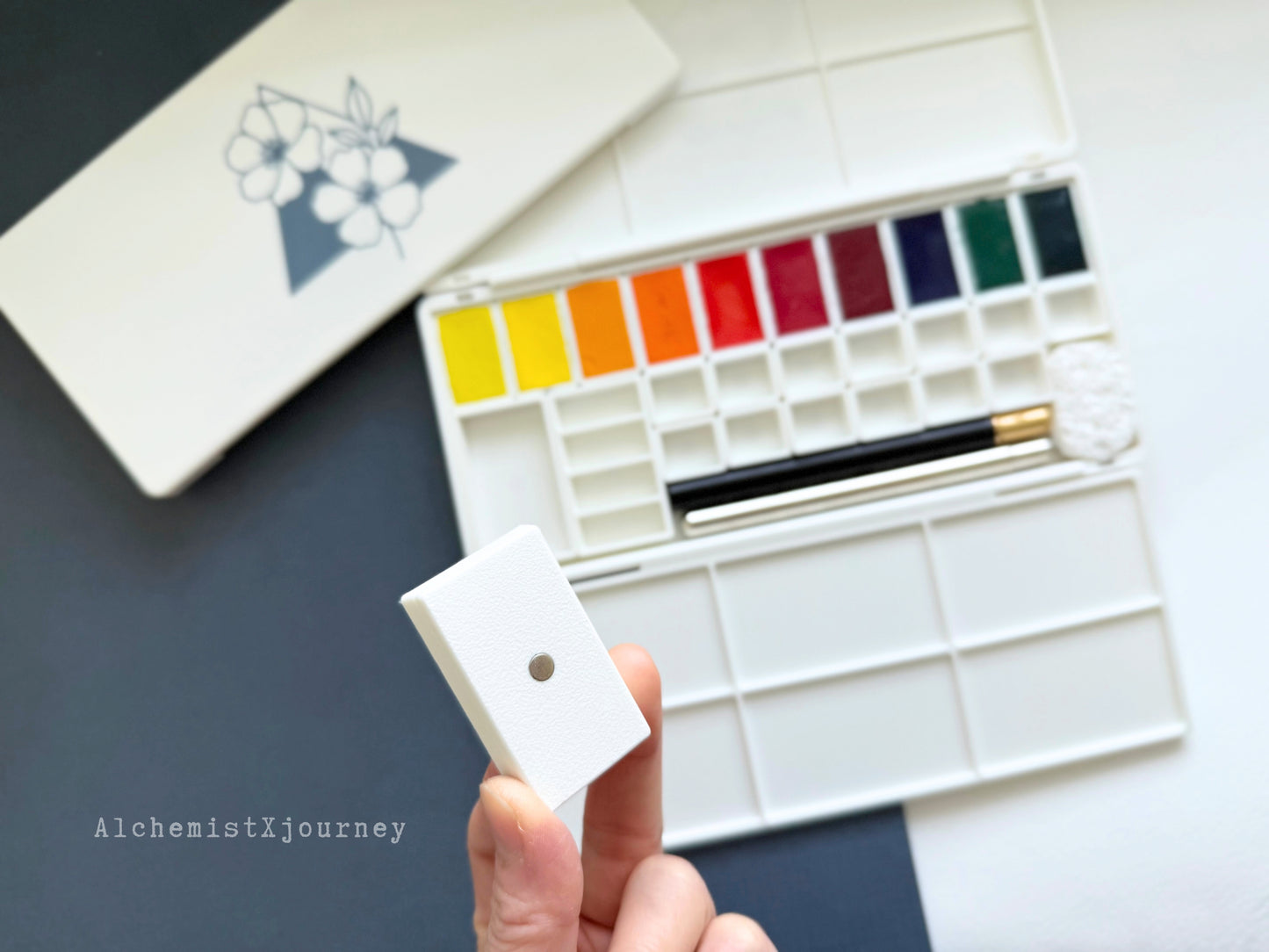 50 Half Pan Watercolor Palette AX12, Ceramic or Resin Tray, Magnetic Base, Compact, Portable