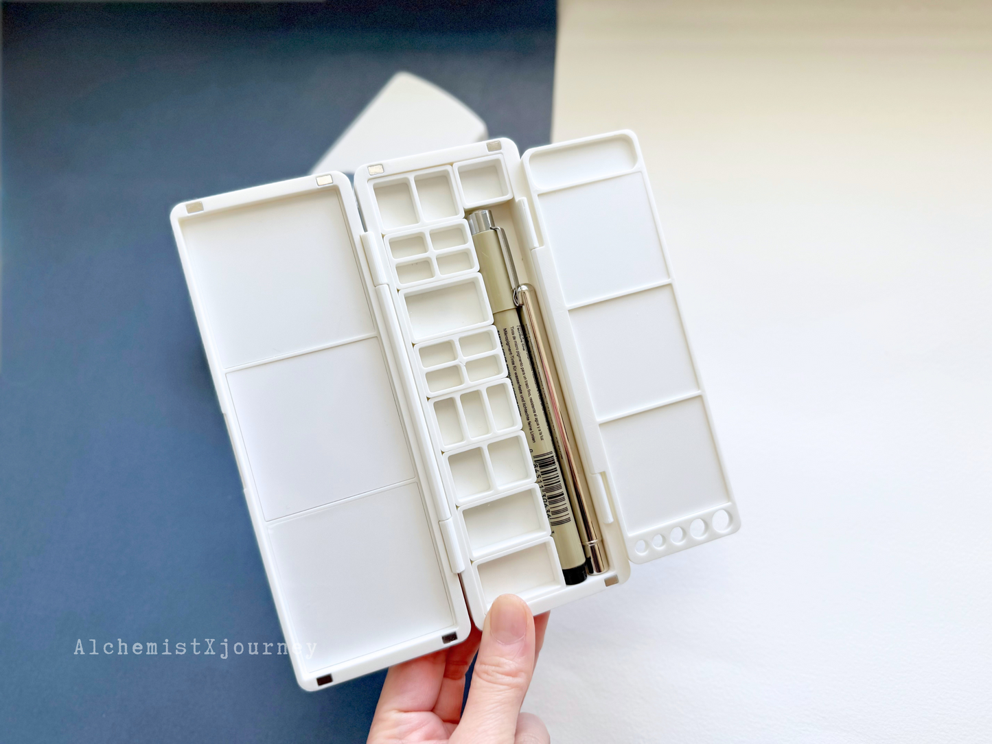 24 Half Pan Watercolor Palette AX11, Glazed Ceramic Mixing Areas, Magnetic Base, Brush Holder