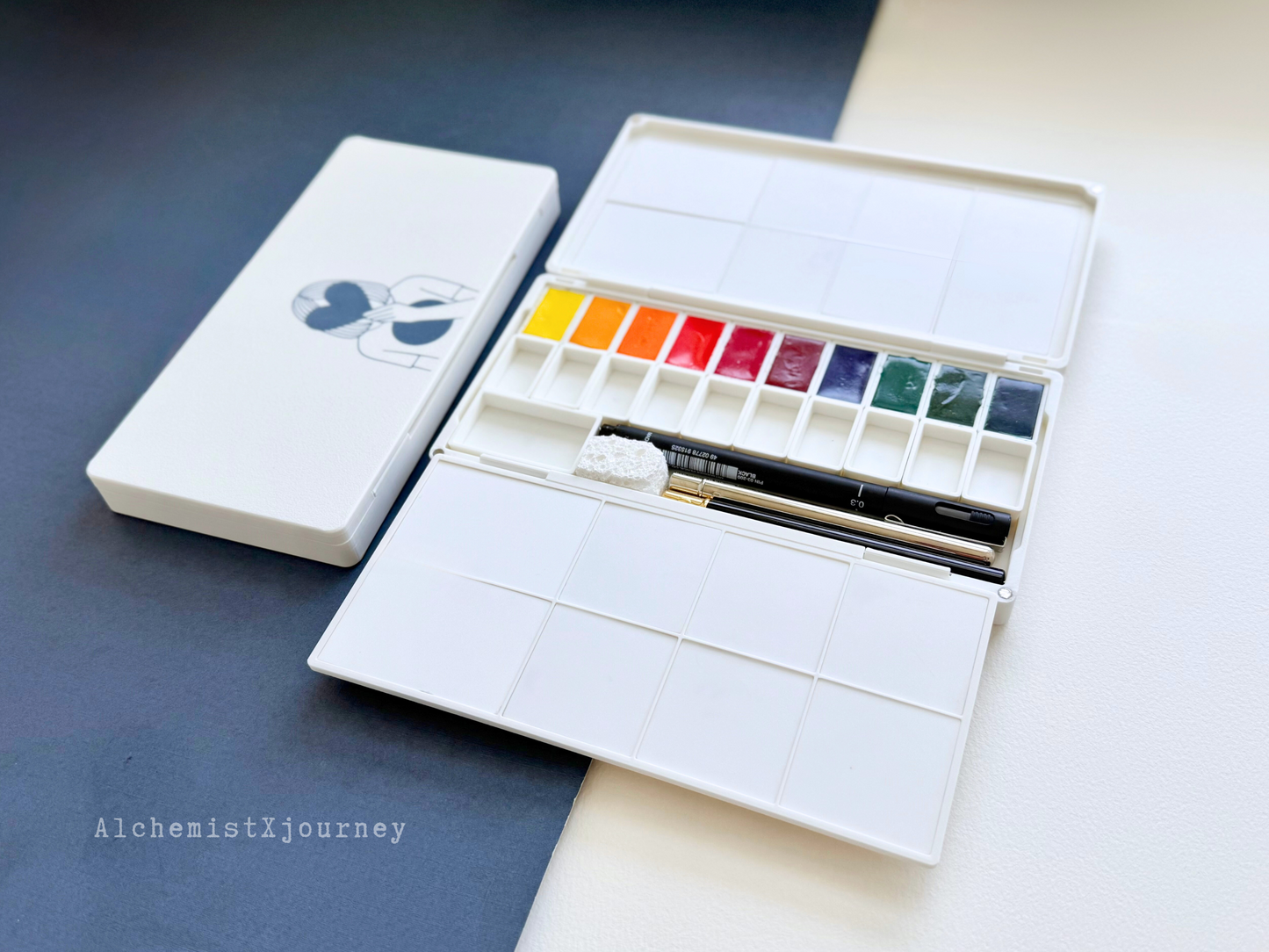 50 Half Pan Watercolor Palette AX12, Ceramic or Resin Tray, Magnetic Base, Compact, Portable