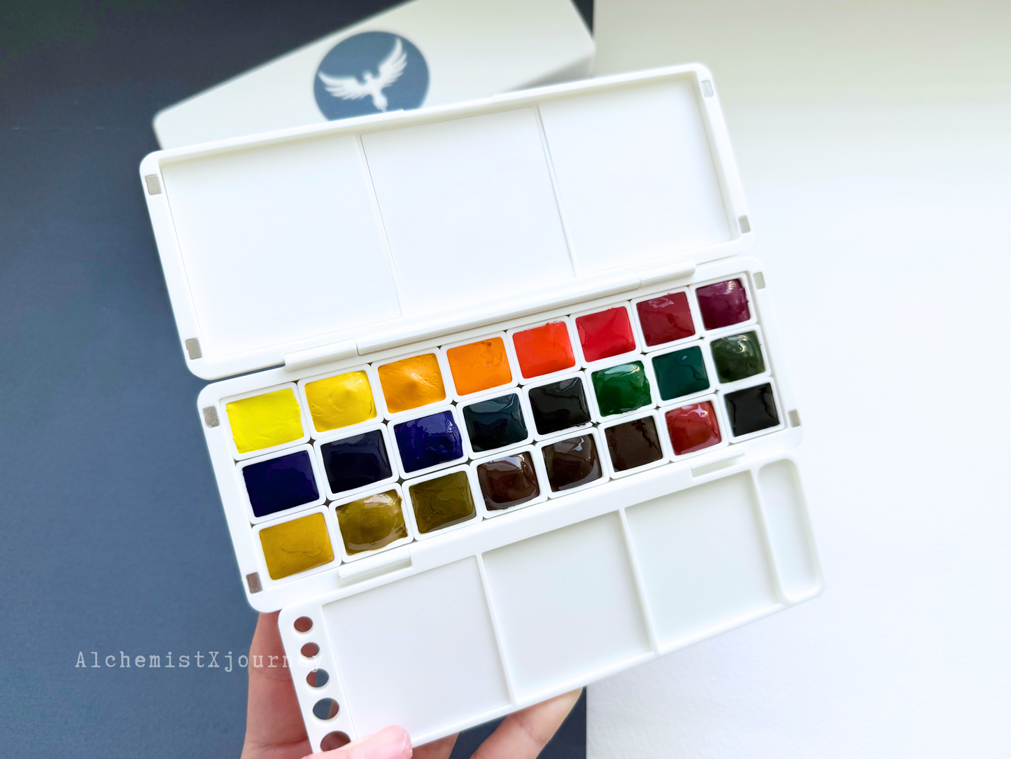 24 Half Pan Watercolor Palette AX11, Glazed Ceramic Mixing Areas, Magnetic Base, Brush Holder