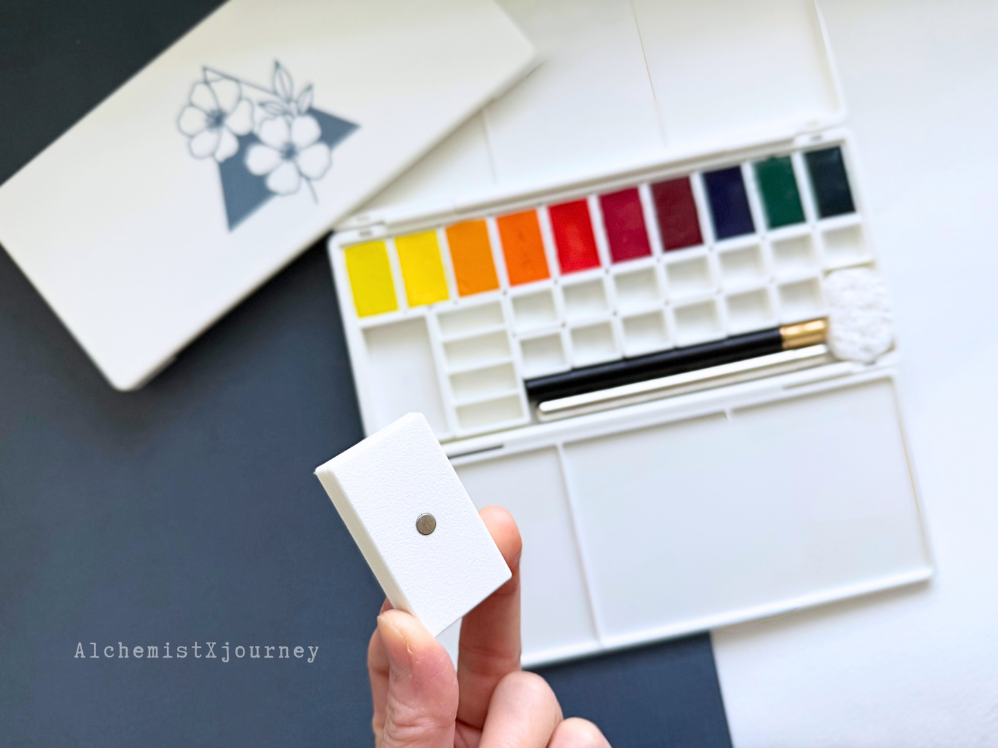 50 Half Pan Watercolor Palette AX12, Glazed Ceramic, Magnetic Base