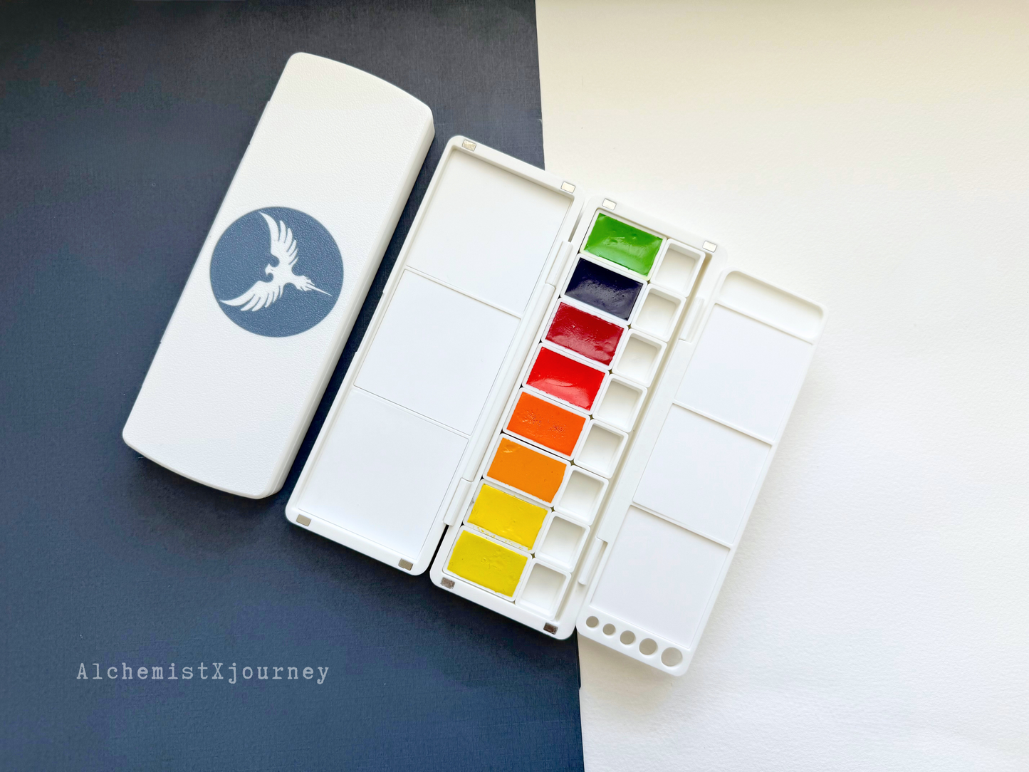 24 Half Pan Watercolor Palette AX11, Glazed Ceramic Mixing Areas, Magnetic Base, Brush Holder