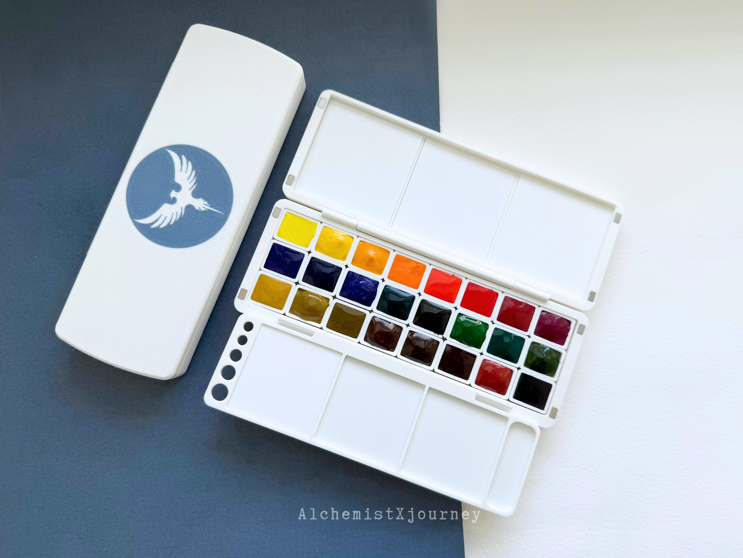 24 Half Pan Watercolor Palette AX11, Glazed Ceramic Mixing Areas, Magnetic Base, Brush Holder