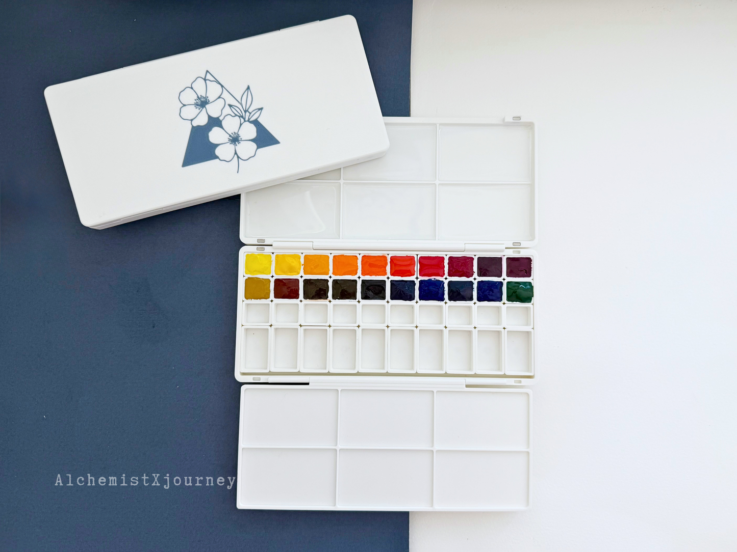 50 Half Pan Watercolor Palette AX12, Resin Mixing Tray, Magnetic Base, Compact, Portable