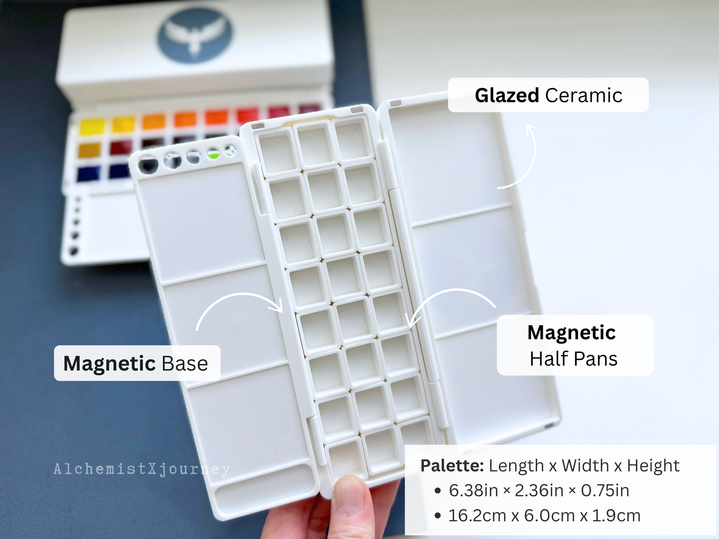 24 Half Pan Watercolor Palette AX11, Glazed Ceramic, Magnetic Base, Brush Holder