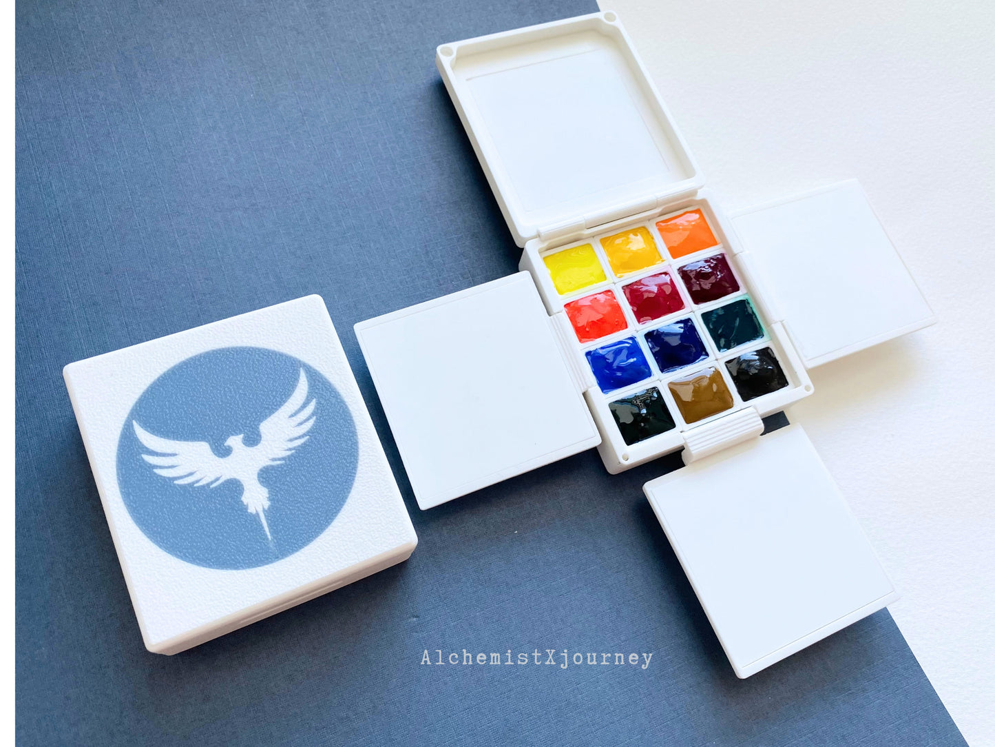 12 Half Pan Palette AX4, Glazed Ceramic Trays, Magnetic Base, Watercolor Travel Palette