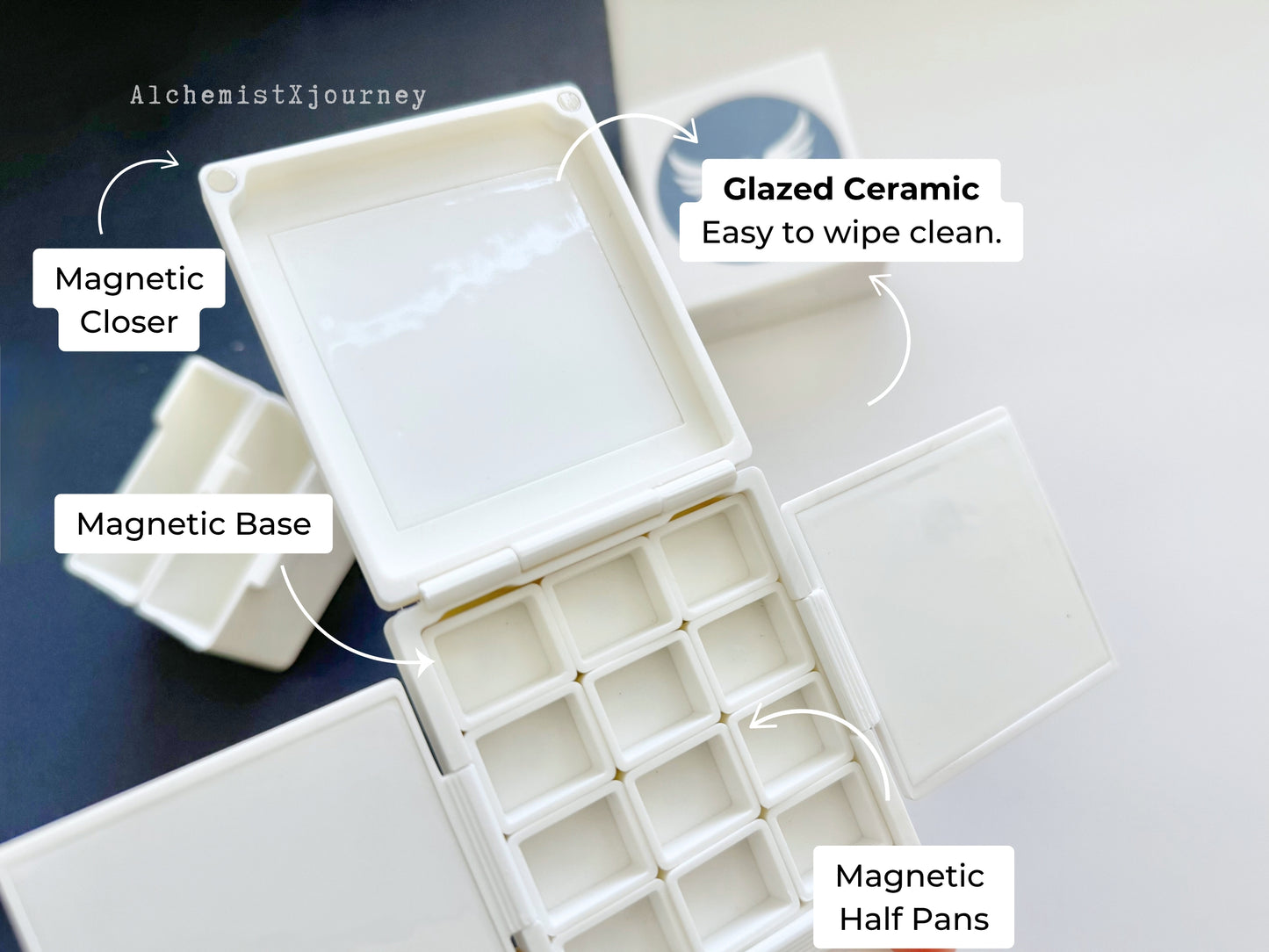 12 Half Pan Watercolor Palette AX4, Glazed Ceramic Trays, Magnetic-Base, The Joy Collection