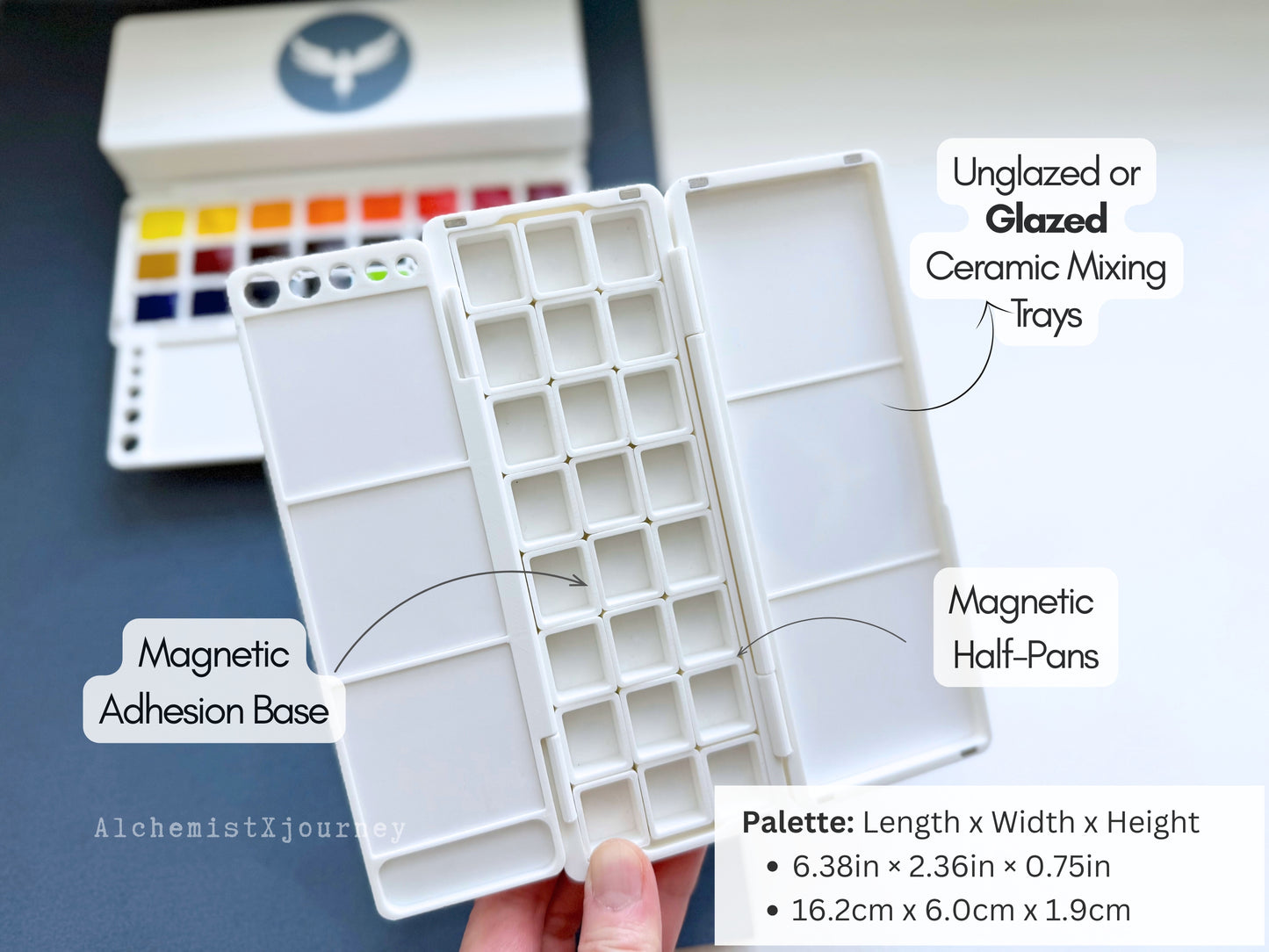 24 Half Pan Watercolor Palette AX11, Glazed Ceramic Mixing Areas, Magnetic Base, Brush Holder