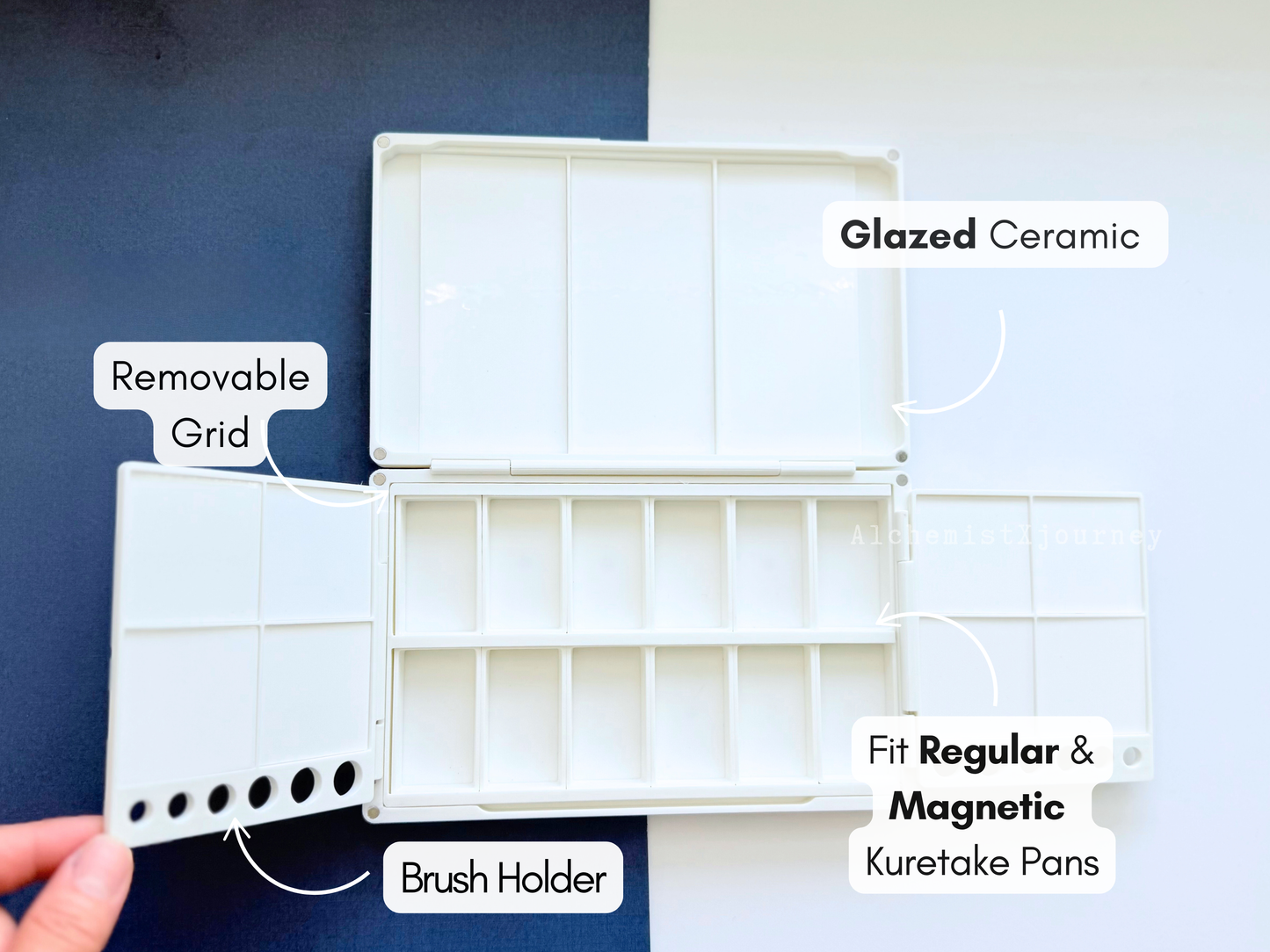 Kuretake 12 Pan Palette AX13, Deep Well, Glazed Ceramic, Removable Modular Grid