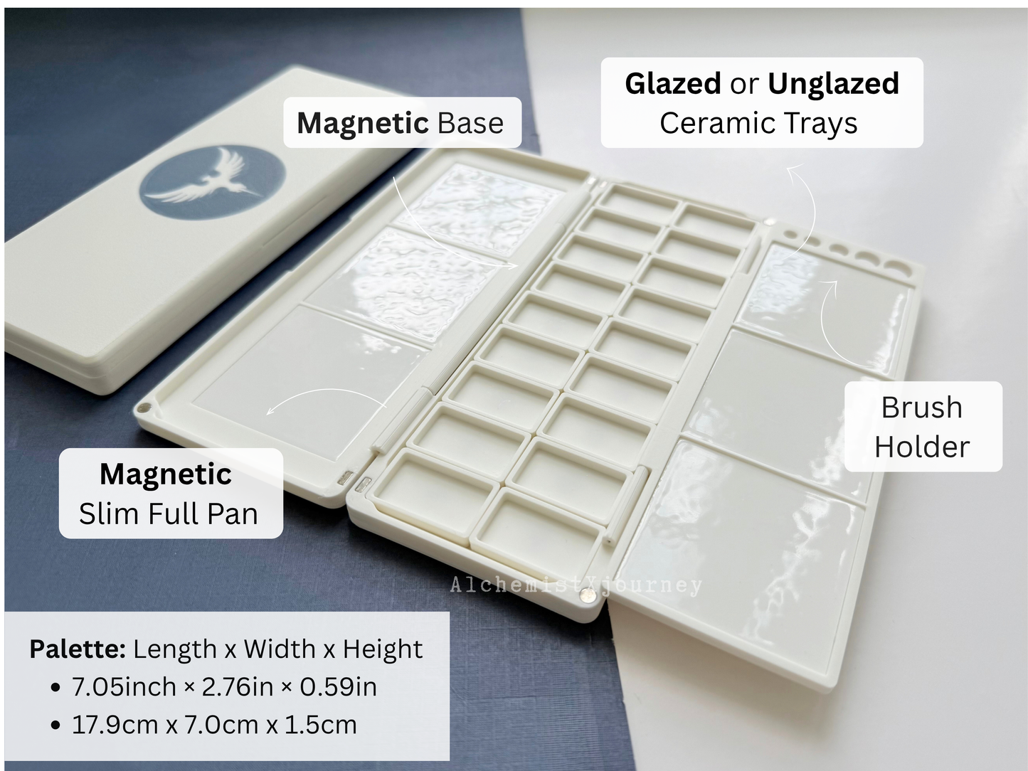 18 Slim Full Pan Watercolor Palette AX20, Glazed Ceramic, Magnetic Base, Brush Holder, Plein Air, Compact