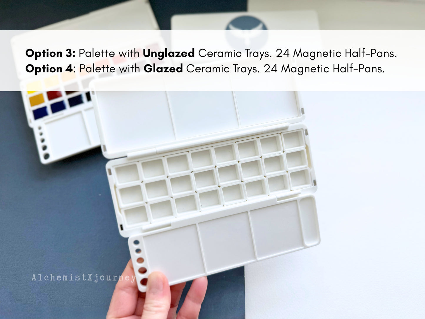24 Half Pan Watercolor Palette AX11, Glazed Ceramic Mixing Areas, Magnetic Base, Brush Holder