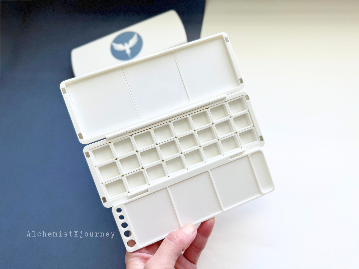 24 Half Pan Watercolor Palette AX11, Glazed Ceramic Mixing Areas, Magnetic Base, Brush Holder