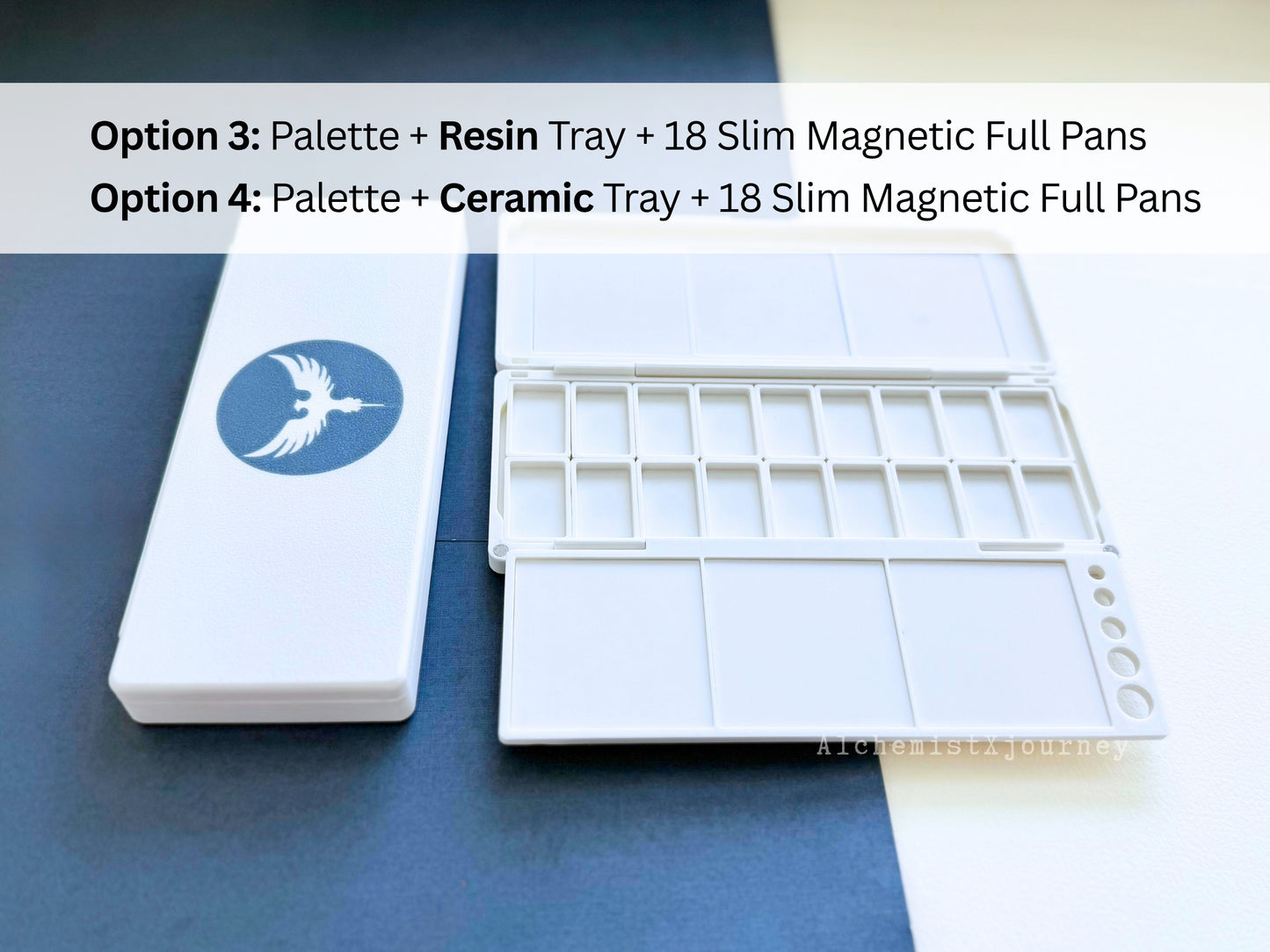 18 Slim Full Pan Watercolor Palette AX20, Ceramic or Resin Tray, Magnetic Base, Brush Holder