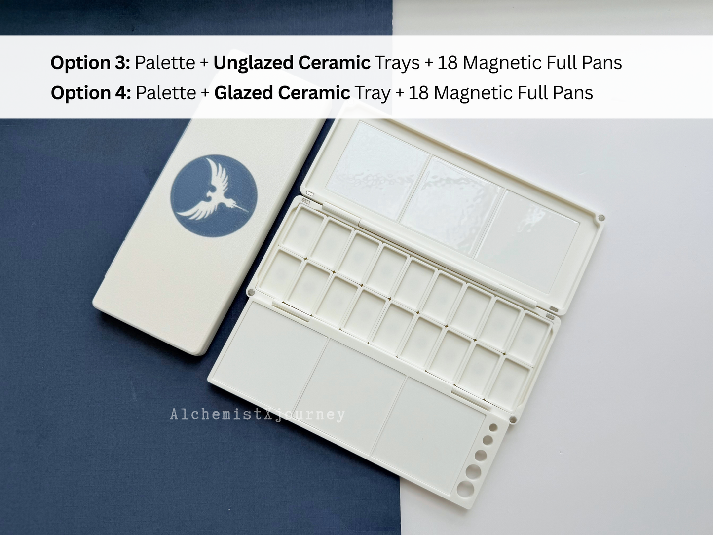 18 Slim Full Pan Watercolor Palette AX20, Glazed Ceramic, Magnetic Base, Brush Holder, Plein Air, Compact