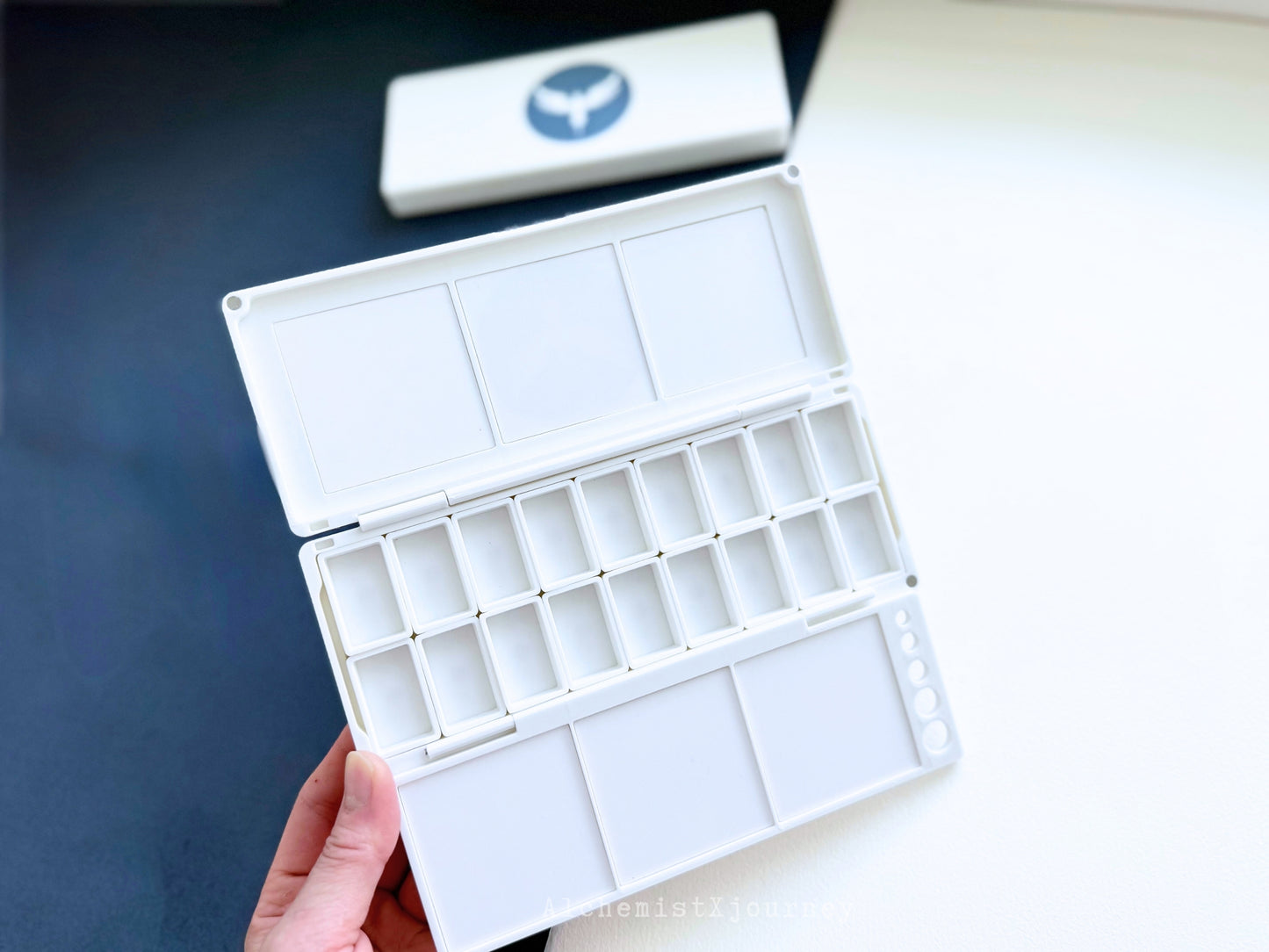 18 Slim Full Pan Watercolor Palette AX20, Ceramic or Resin Tray, Magnetic Base, Brush Holder