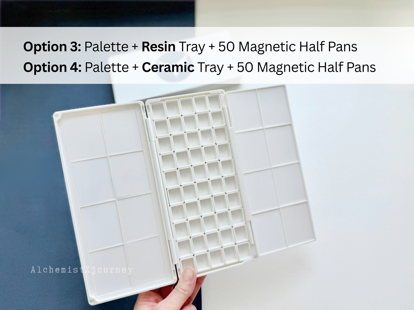 50 Half Pan Watercolor Palette AX12, Ceramic or Resin Tray, Magnetic Base, Compact, Portable
