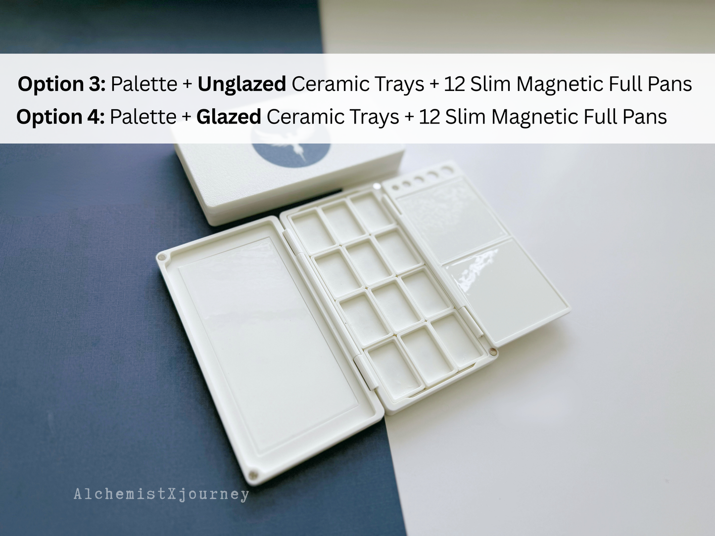 12 Slim Full Pan Watercolor Palette AX18, Glazed Ceramic, Magnetic Base, Compact, Lightweight