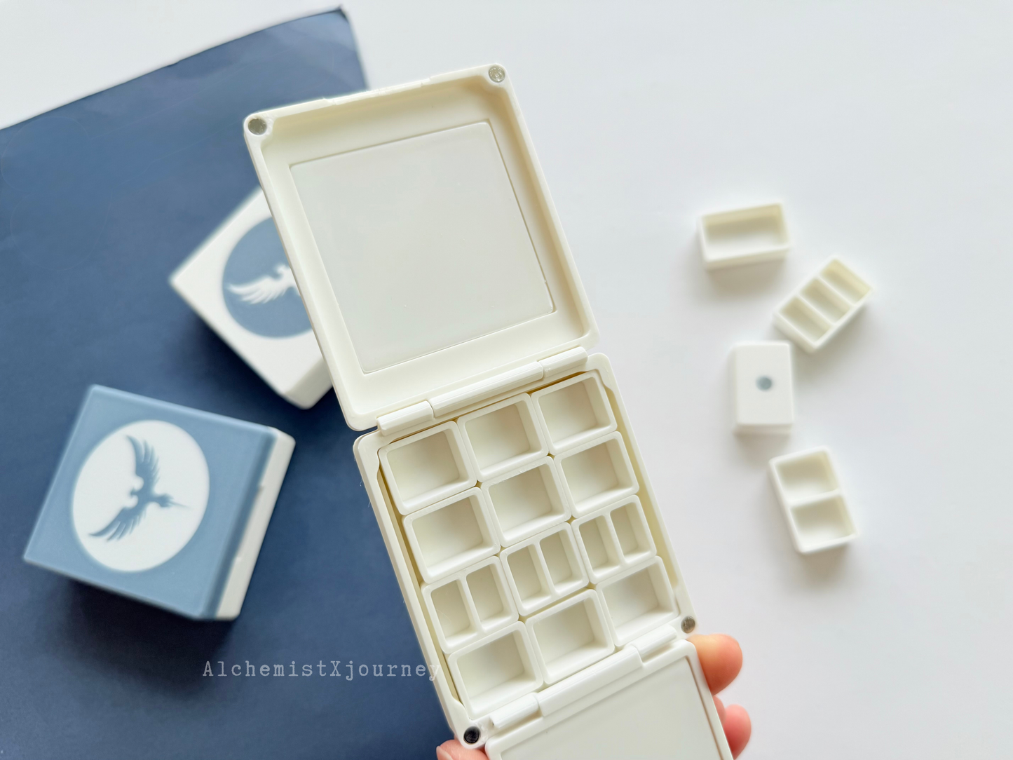 12 Half Pan Watercolor Palette AX29, Glazed Ceramic, Magnetic Base, Plein Air