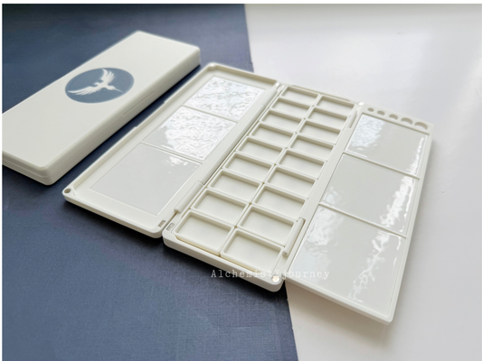 18 Slim Full Pan Watercolor Palette AX20, Glazed Ceramic, Magnetic Base, Brush Holder, Plein Air, Compact