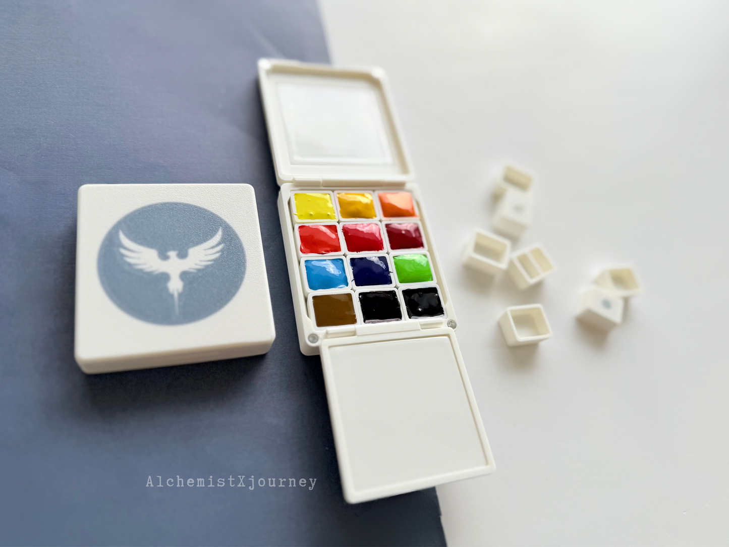 12 Half Pan Watercolor Palette AX29, Glazed Ceramic, Magnetic Base, Plein Air