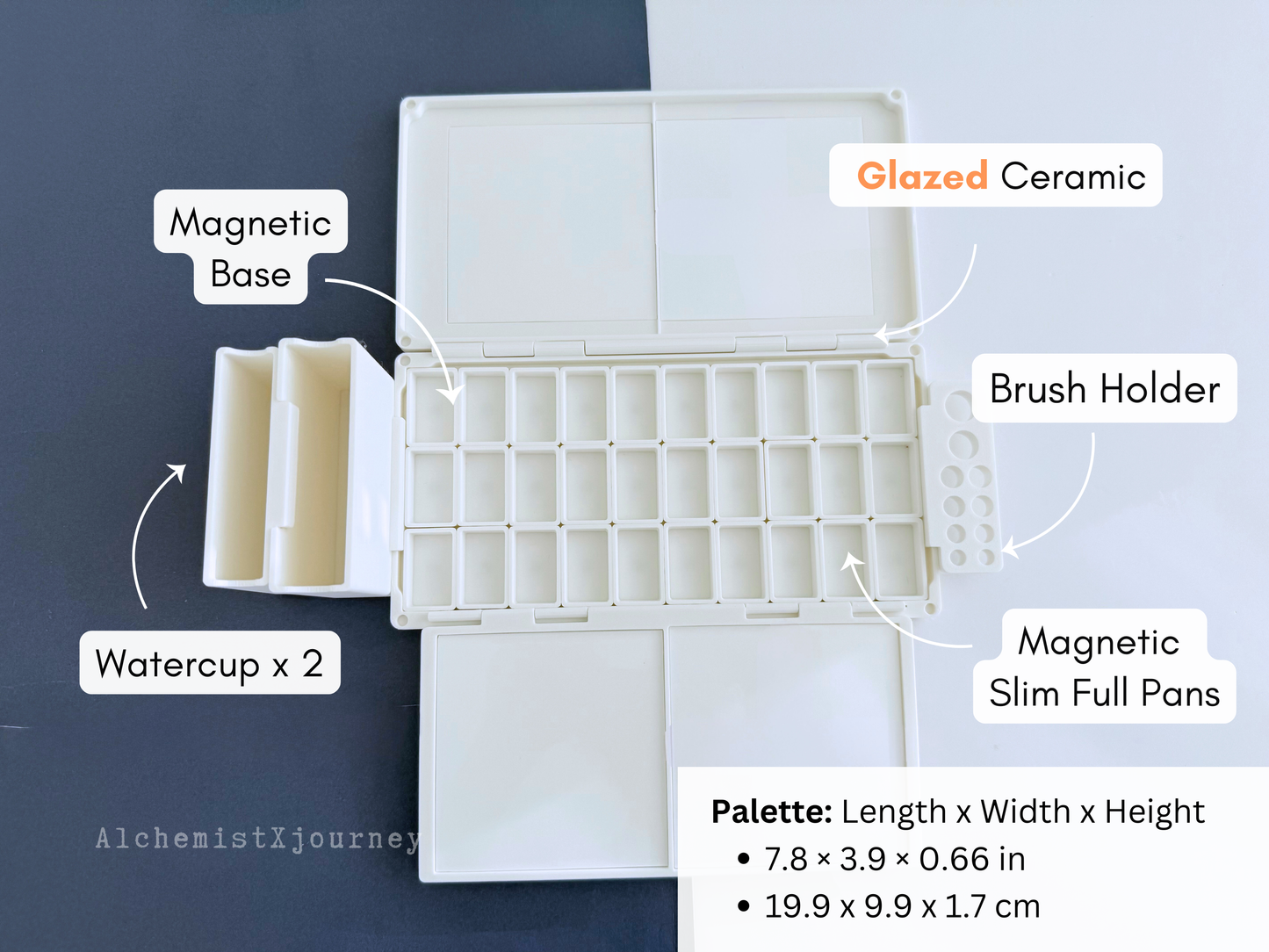 30 Slim Full Pan Watercolor Palette AX21, Glazed Ceramic, Magnetic Base