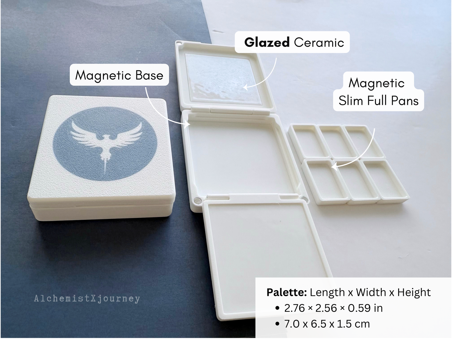 6 Slim Full Pan Watercolor Palette AX30, Glazed Ceramic, Magnetic Base, Plein Air