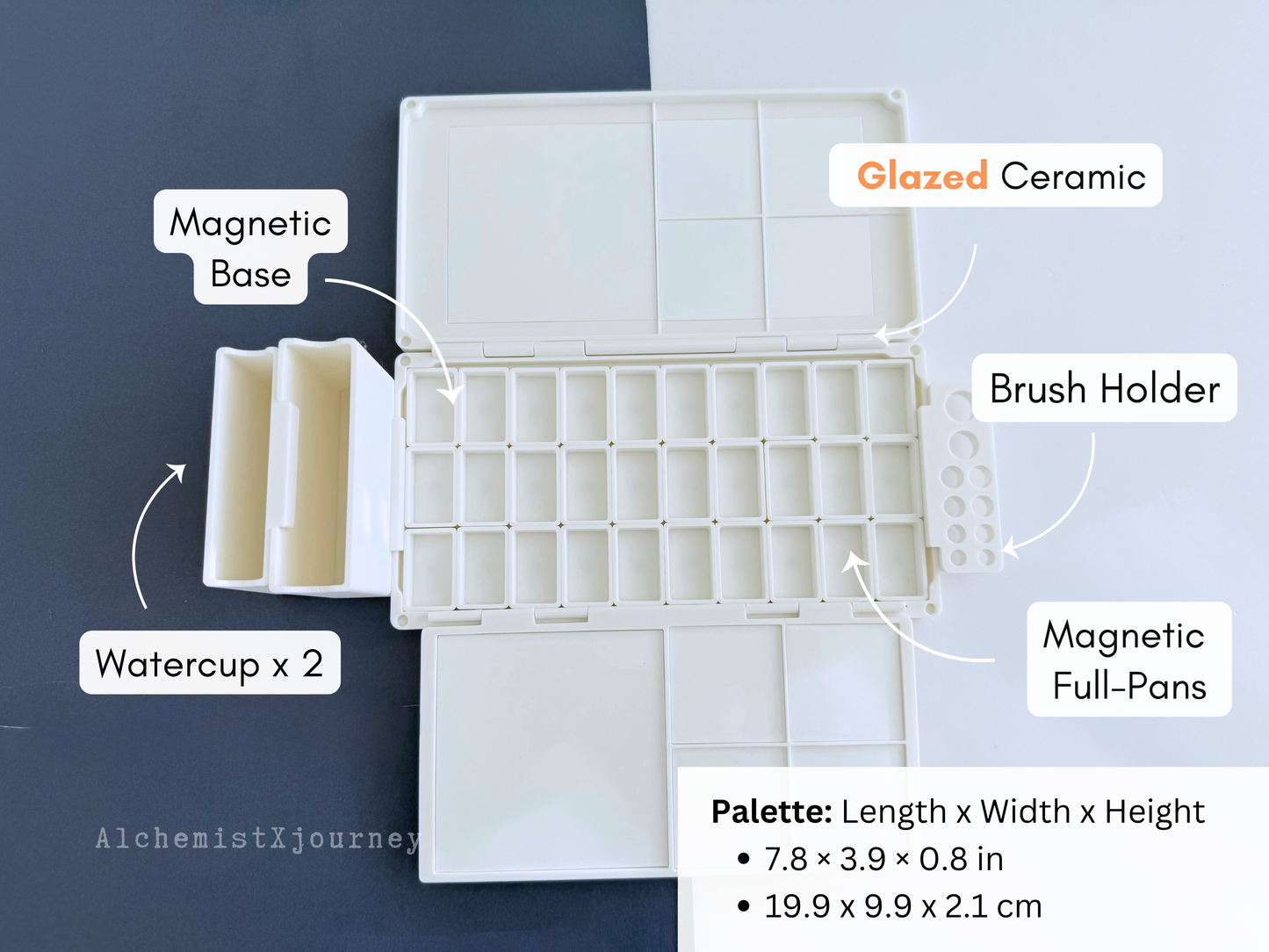30 Full Pan Watercolor Palette AX14, Glazed Ceramic, Magnetic Base