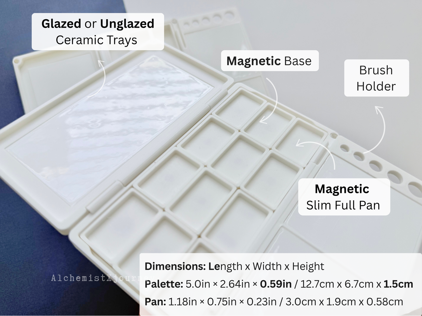 12 Slim Full Pan Watercolor Palette AX18, Glazed Ceramic, Magnetic Base, Compact, Lightweight