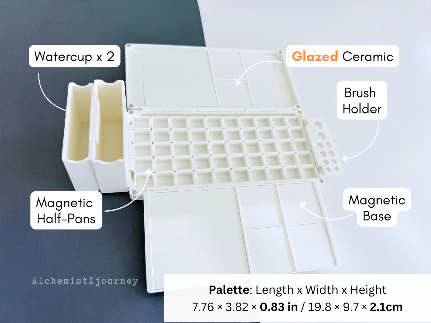 50 Half Pan Watercolor Palette AX12, Glazed Ceramic, Magnetic Base