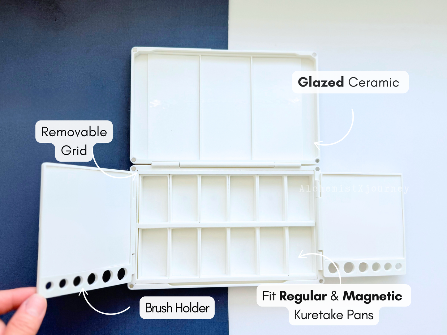 Kuretake 12 Pan Palette AX13, Deep Well, Glazed Ceramic, Removable Modular Grid