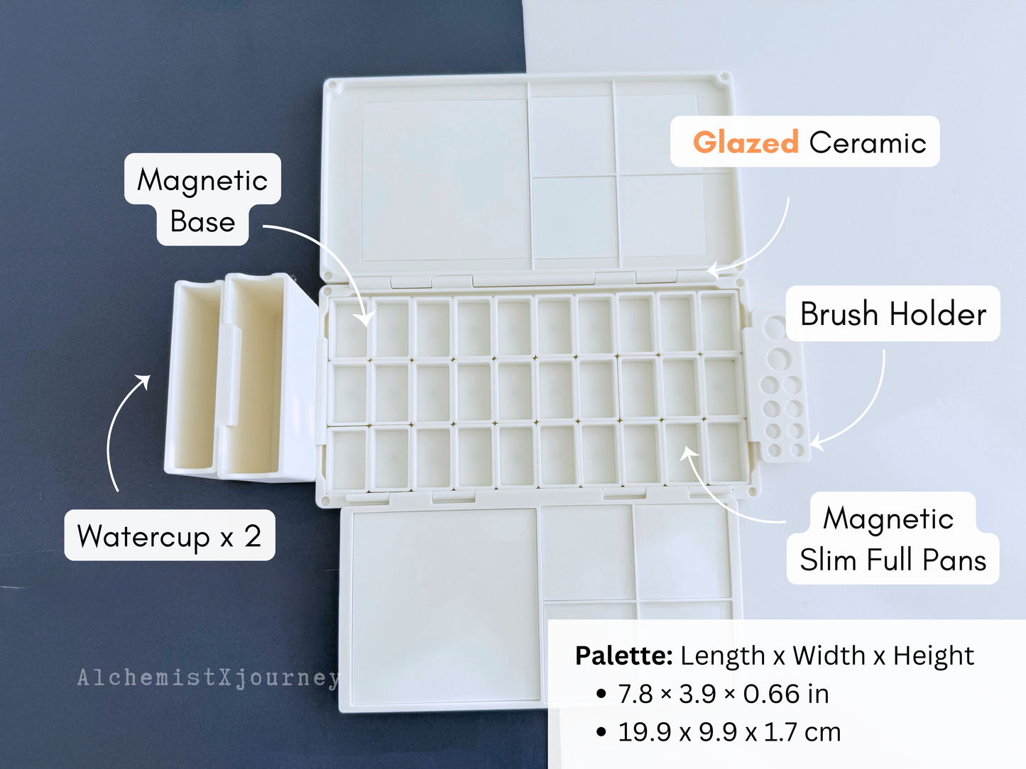 30 Slim Full Pan Watercolor Palette AX21, Glazed Ceramic, Magnetic Base