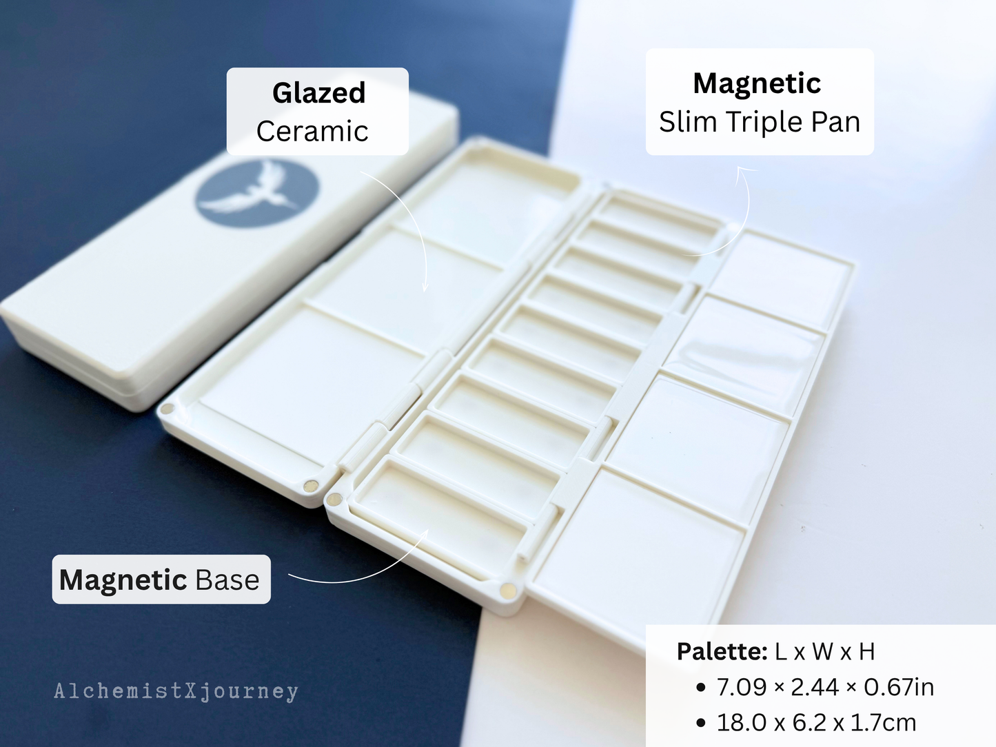Slim Large Brush Watercolor Palette AX37, Glazed Ceramic, Magnetic Base | Customizable, Portable