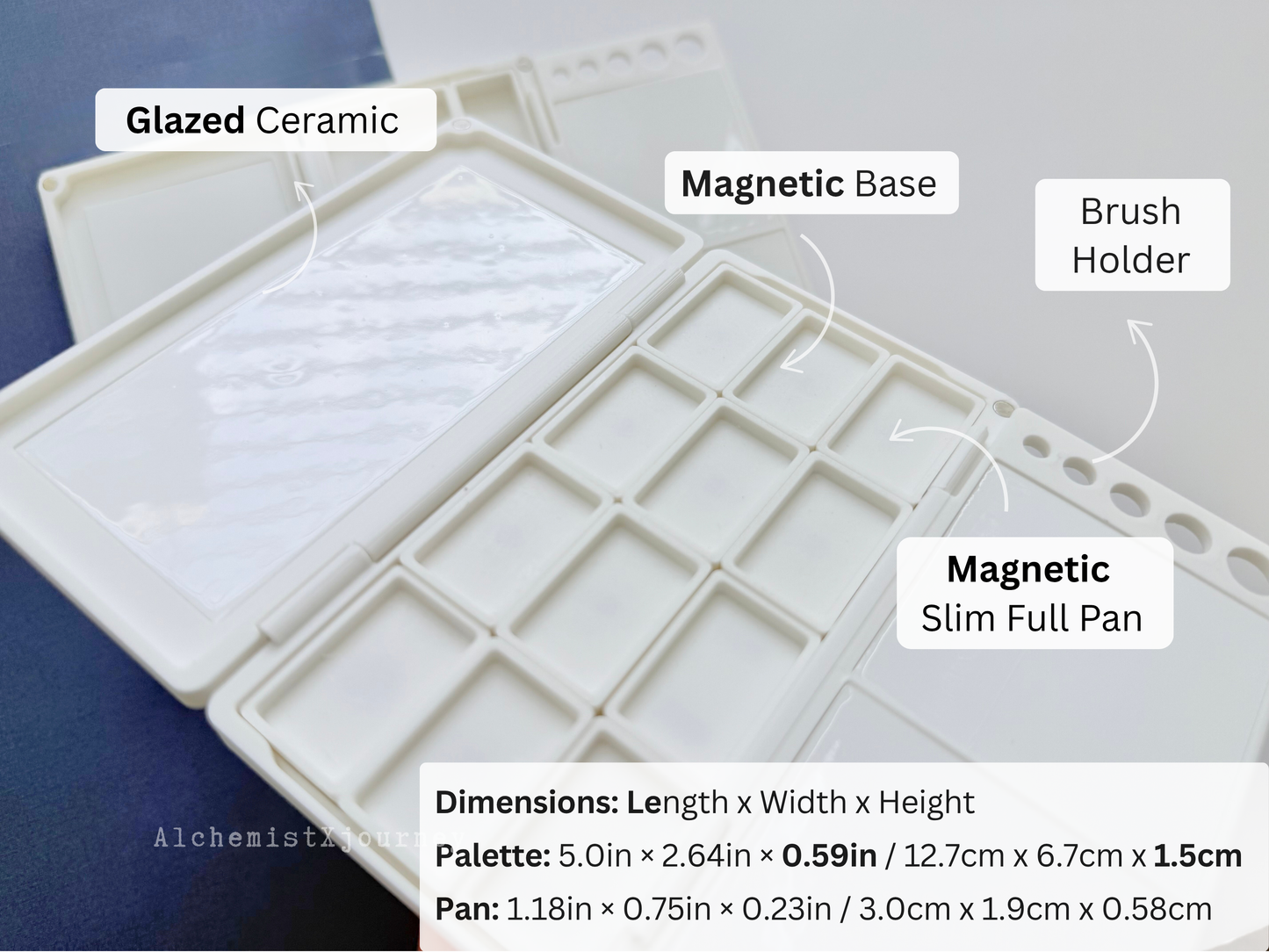 12 Slim Full Pan Watercolor Palette AX18, Glazed Ceramic, Magnetic Base, Compact