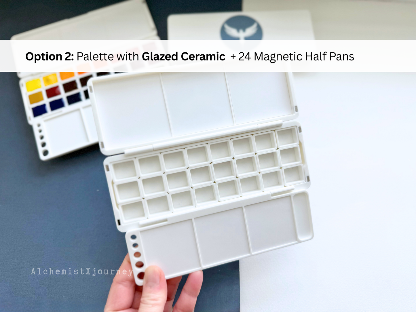 24 Half Pan Watercolor Palette AX11, Glazed Ceramic,  Magnetic Base, Brush Holder