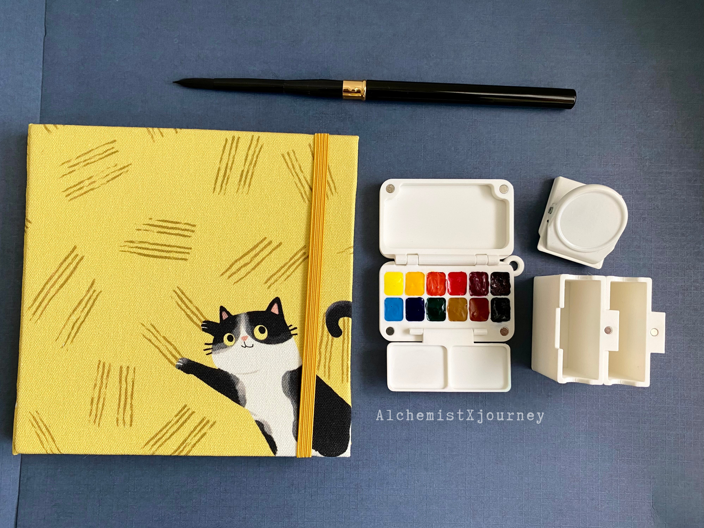 Watercolor Journal – 100% Cotton Baohong Paper, Lay-Flat, Cat Fabric Cover |Hot or Cold Press