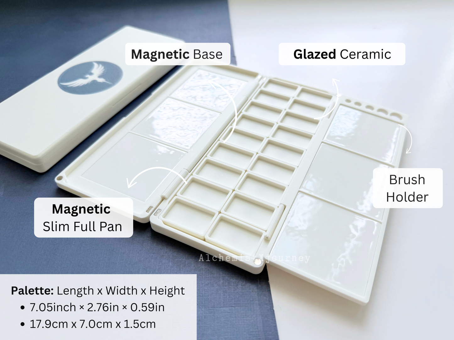 18 Slim Full Pan Watercolor Palette AX20, Glazed Ceramic, Magnetic Base, Brush Holder, Plein Air, Compact
