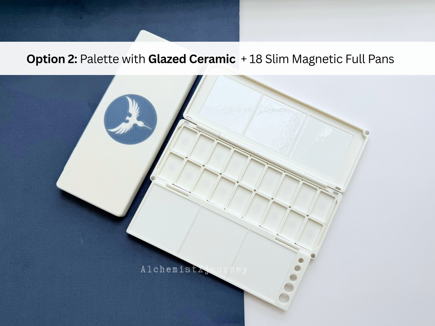18 Slim Full Pan Watercolor Palette AX20, Glazed Ceramic, Magnetic Base, Brush Holder, Plein Air, Compact