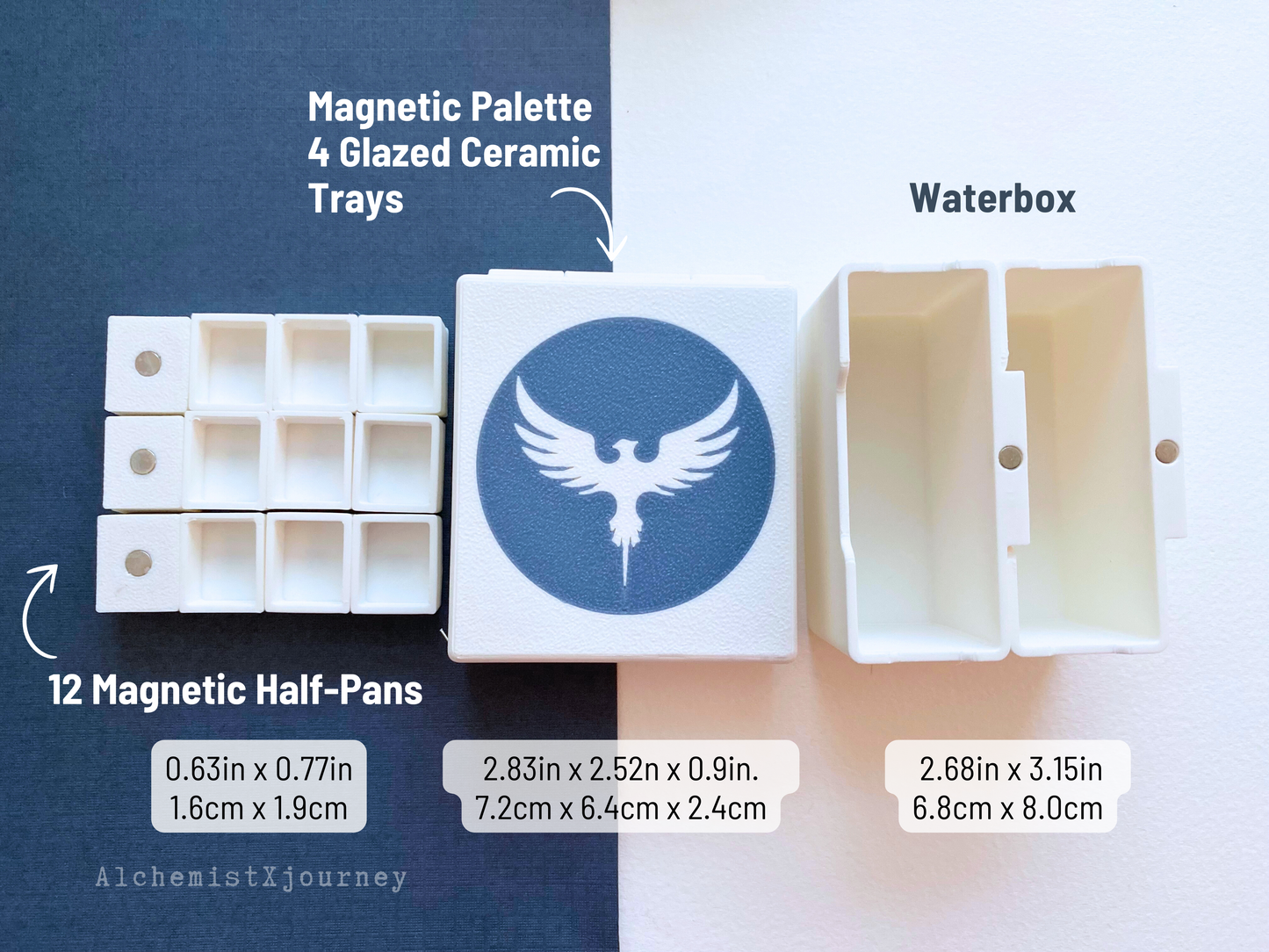 12 Half Pan Palette AX4, Glazed Ceramic Trays, Magnetic Base, Watercolor Travel Palette